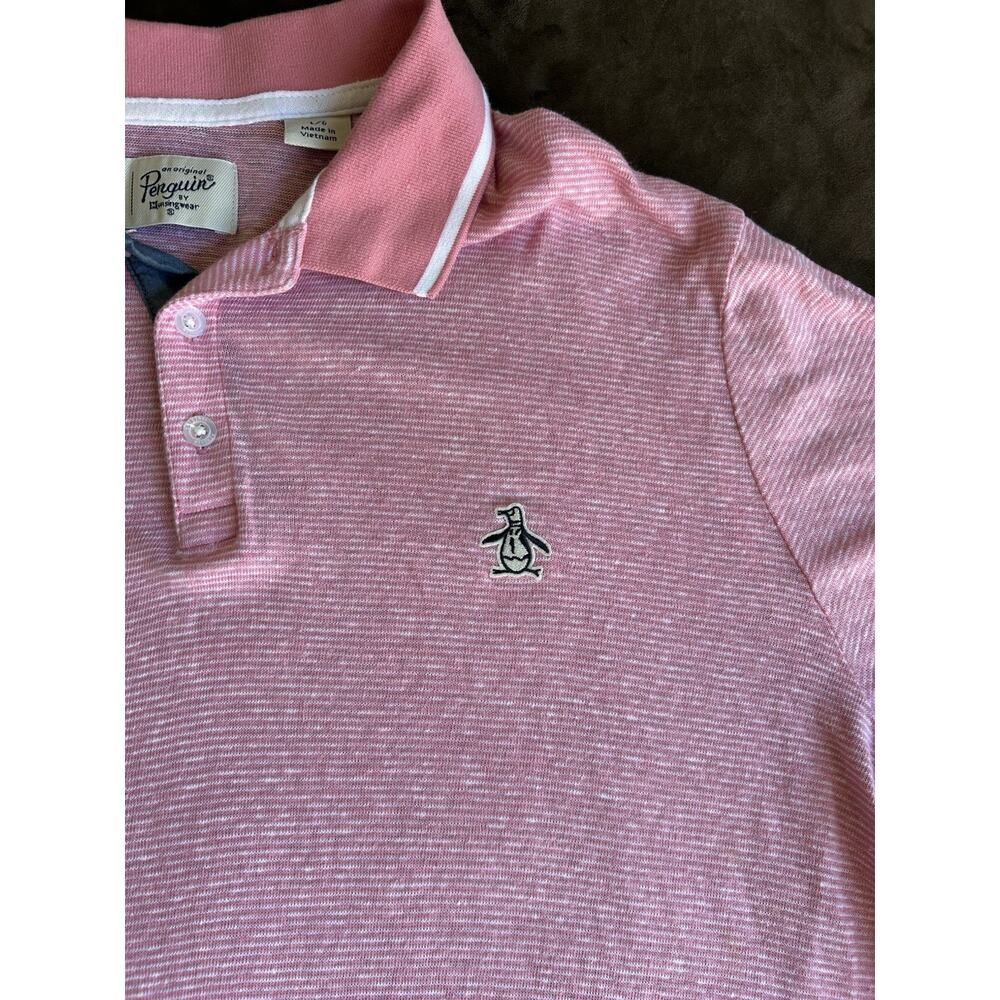vtg penguin Pink Striped golf polo shirt Preppy L retro casual career summer - Picture 2 of 7